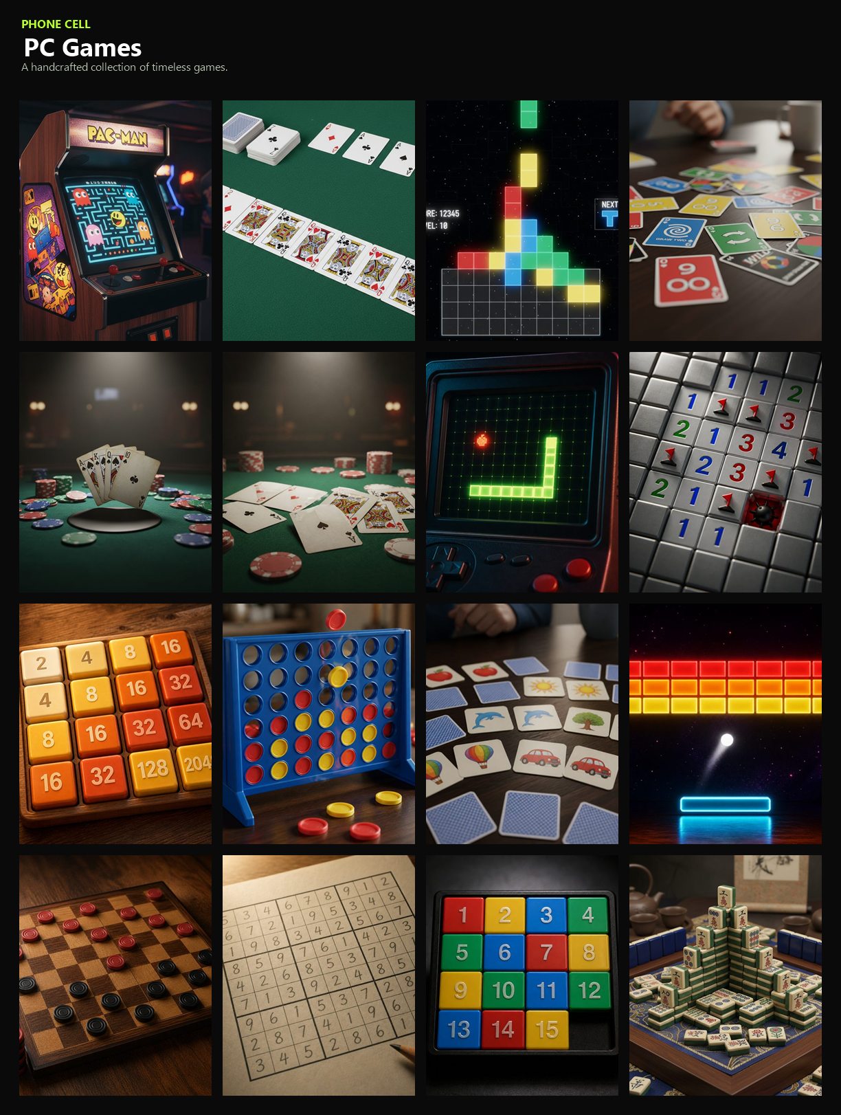 PC Games home screen with sixteen game tiles including Pac-Man, Solitaire, Blocks and UNO